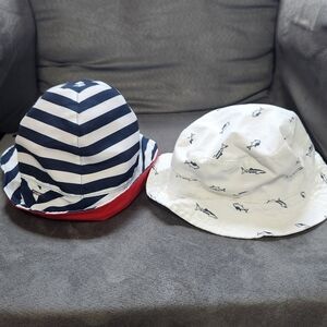 Kids' Reversible Bucket Hat - White Shark Print & Navy Stripes